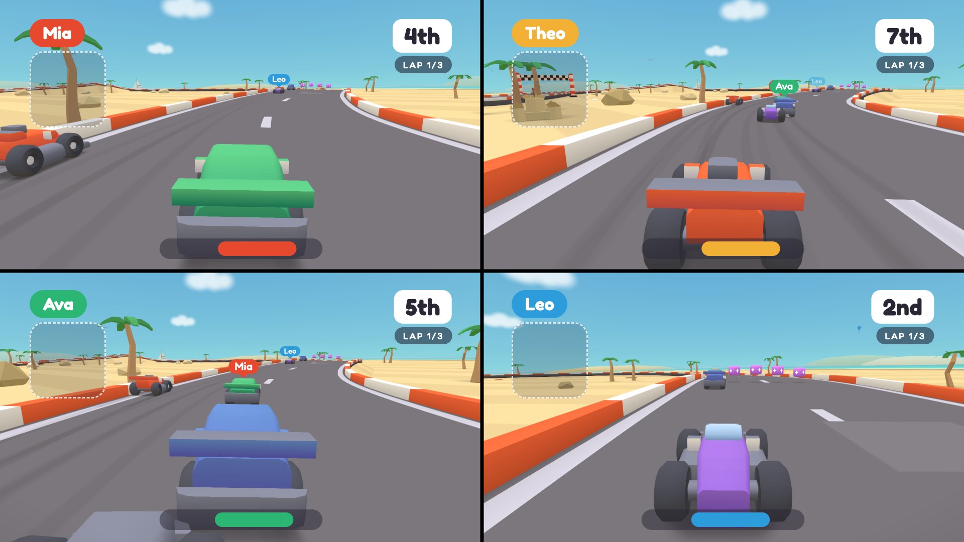 Four players racing toy cars in split screen